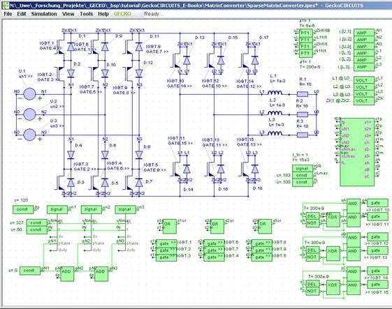 Fig. 12: Full Implementation of the Sparse Matrix Converter with Zero DC-Link Current Control Scheme in GeckoCIRCUITS.