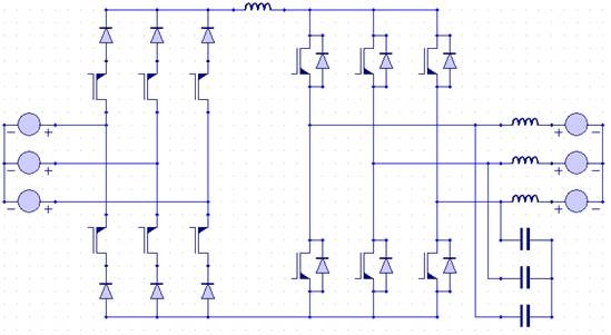 Fig. 3: Topology of the three-phase AC/AC converter with current DC-link.