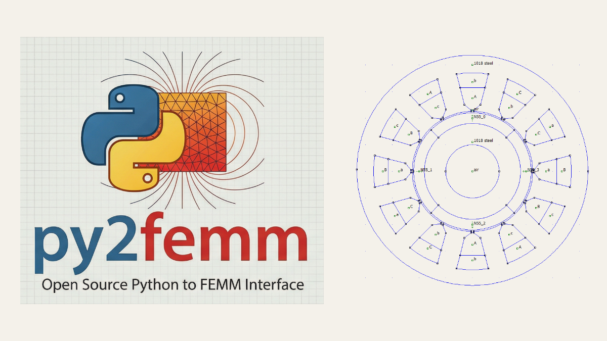 py2femm project mark beside the FEMM geometry of a 12-slot interior permanent-magnet machine generated by the ISPMSM example.